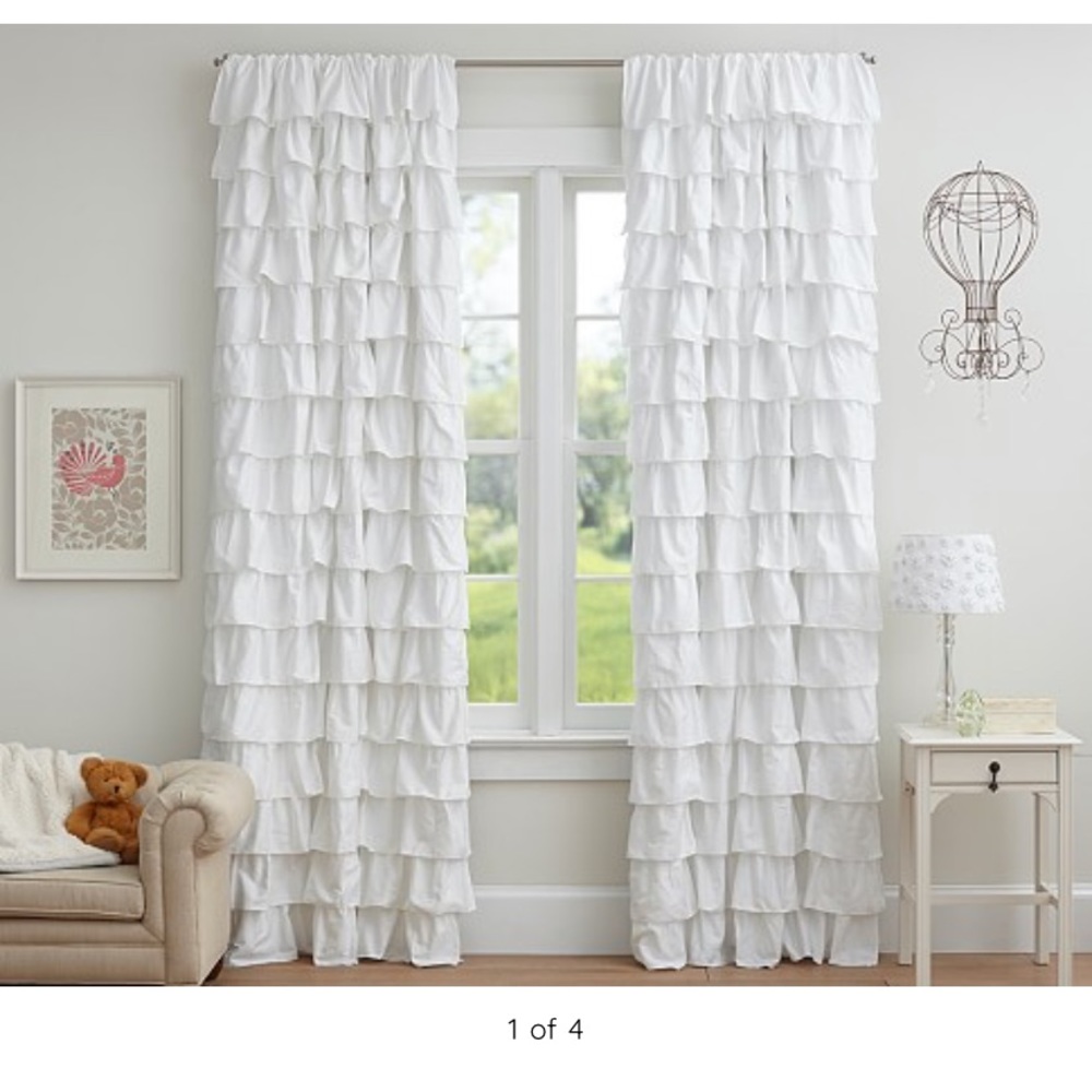 Pottery barn white ruffle black out window panels 44Wx108L
